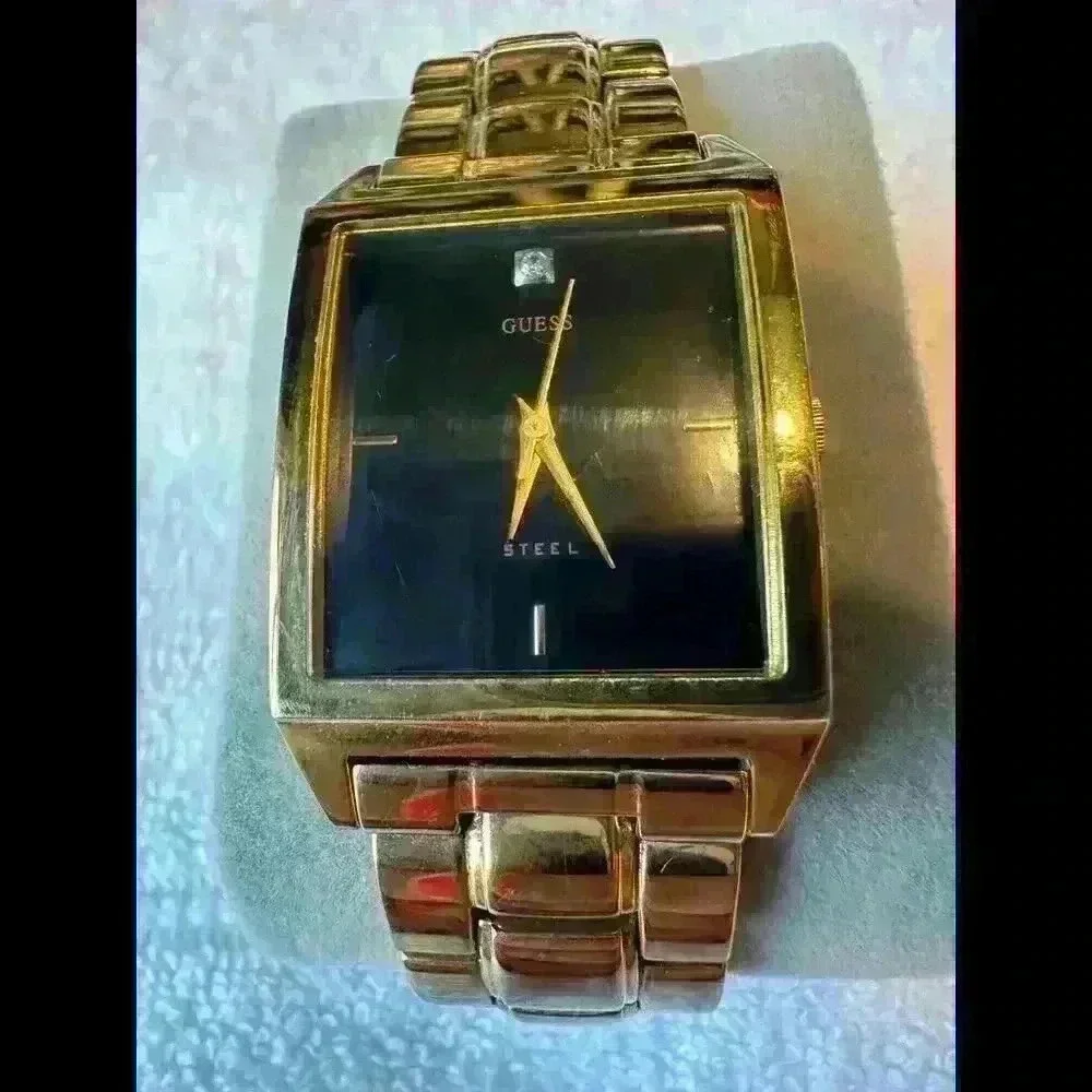 Mens Guess Steel Gold-Tone Rectangle G11535G Diamond Dial Watch, Needs Battery